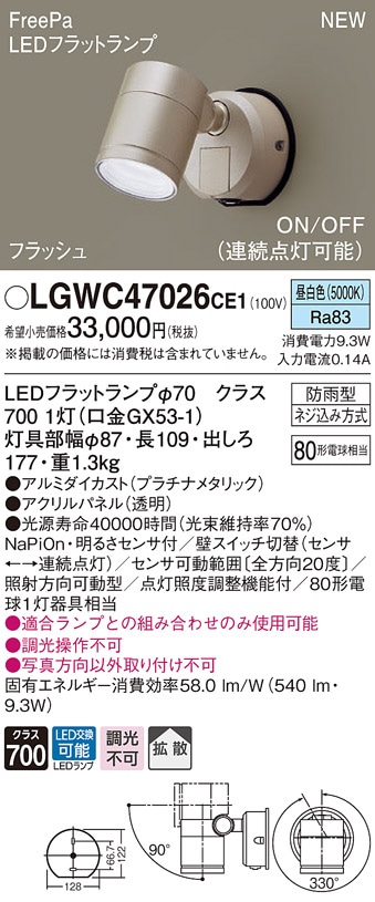 LGWC47025CE1 パナソニック 人感センサー付 屋外用LEDスポットライト