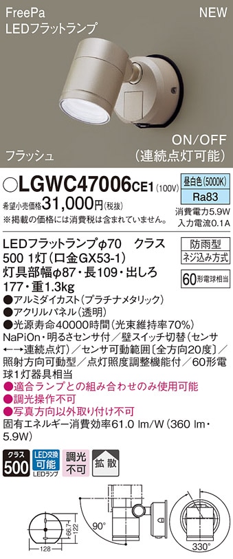 パナソニック　スポットライト　17個　調光タイプ LGWC47007CE1 パナソニック 人感センサー付 屋外用LEDスポットライト