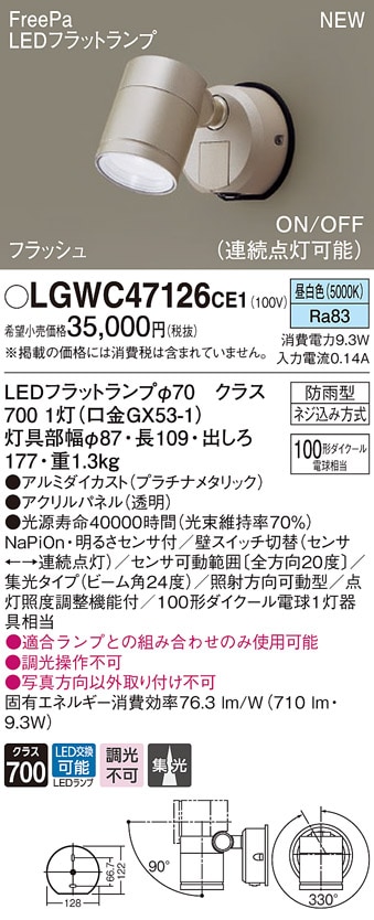 LGWC47124CE1 パナソニック 人感センサー付 屋外用LEDスポットライト