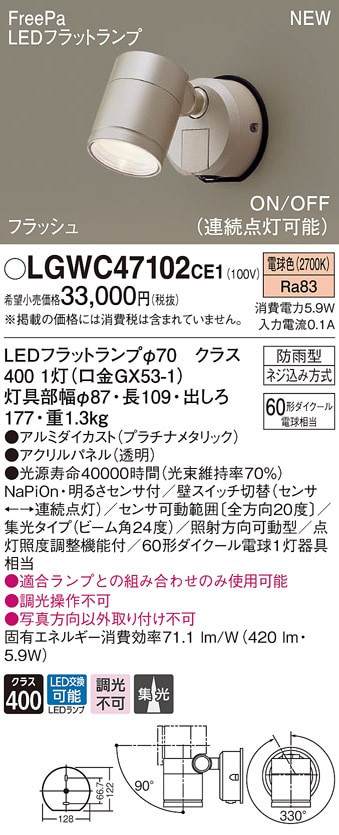 LGWC47001CE1 パナソニック 人感センサー付 屋外用LEDスポットライト
