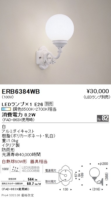 ERB6384WB 遠藤照明 屋外ブラケットライト【ランプ別売】 即配・速配
