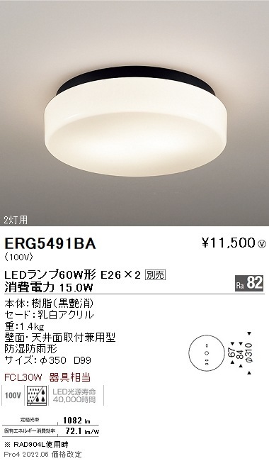 ERG5491BA 遠藤照明 アウトドアシーリングライト φ350 黒 2700K