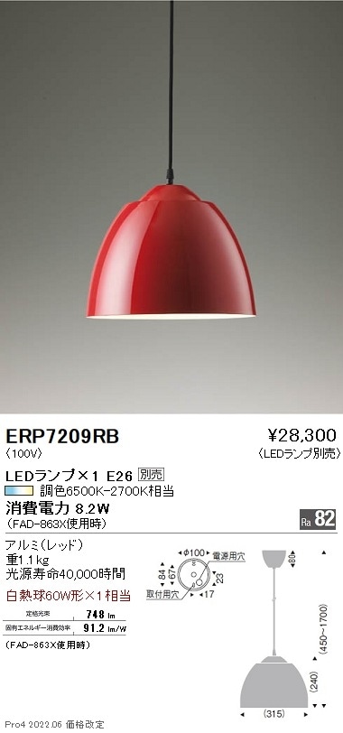 吊照明　ペンダントランプ　ベレ　1灯　マルチカラー　照明 ERP7209RB 遠藤照明 ペンダント【ランプ別売】 即配・速配ならプロ向け