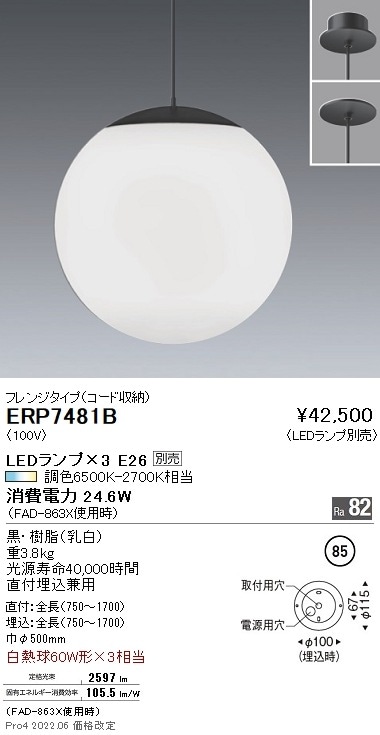ERP7481B 遠藤照明 ペンダント フランジ 無線調光【ランプ別売】 即配