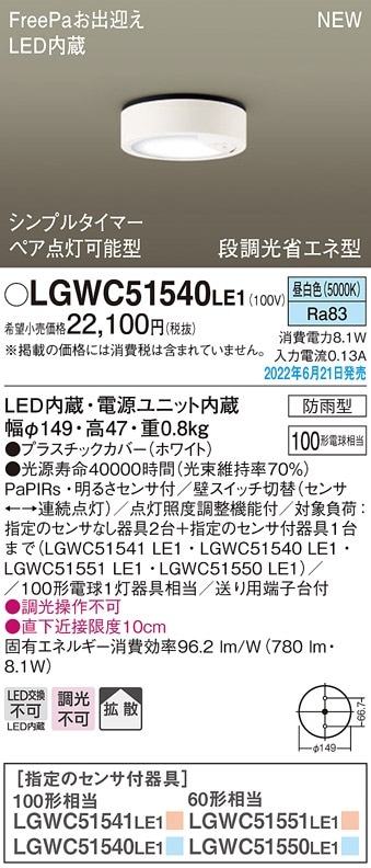 LGWC51551LE1 パナソニック 人感センサー付 軒下用LEDシーリングライト