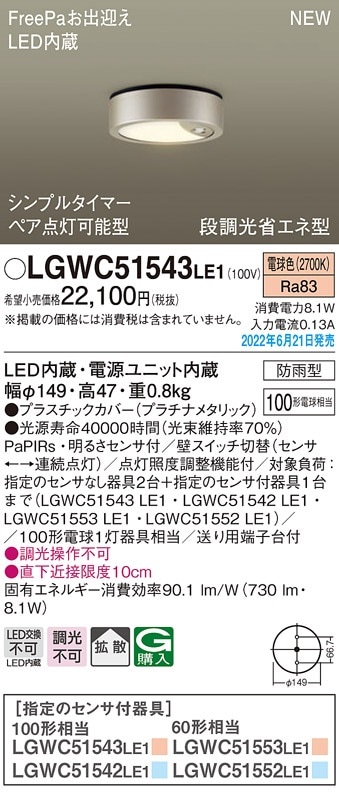 LGWC51552LE1 パナソニック 人感センサー付 軒下用LEDシーリングライト