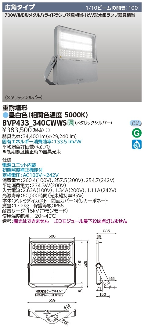 BVP433-340CWWS 東芝 LED投光器 重耐塩形 広角 昼白色 即配・速配なら