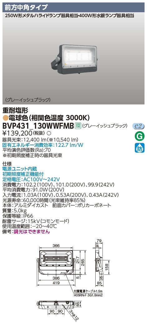 BVP431-130WWFMB 東芝 LED小型投光器 重耐塩形 前方中角 電球色 即配