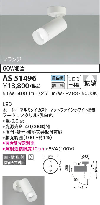 KOIZUMI LED調光器 & スポットライトセット AS51496 コイズミ照明 LEDスポットライト 昼白色 位相調光 拡散 直付