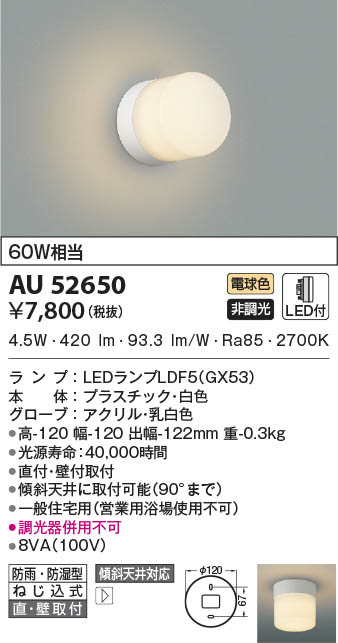 AU52650 コイズミ照明 LED 防雨 防湿 シーリングライト　 8台セット AU52650 コイズミ照明 LED防雨防湿型シーリングライト 電球色 直
