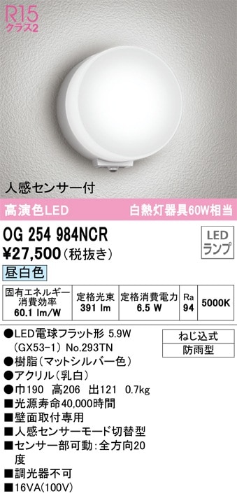 OG254984NCR オーデリック 人感センサー付LEDポーチライト 昼白色