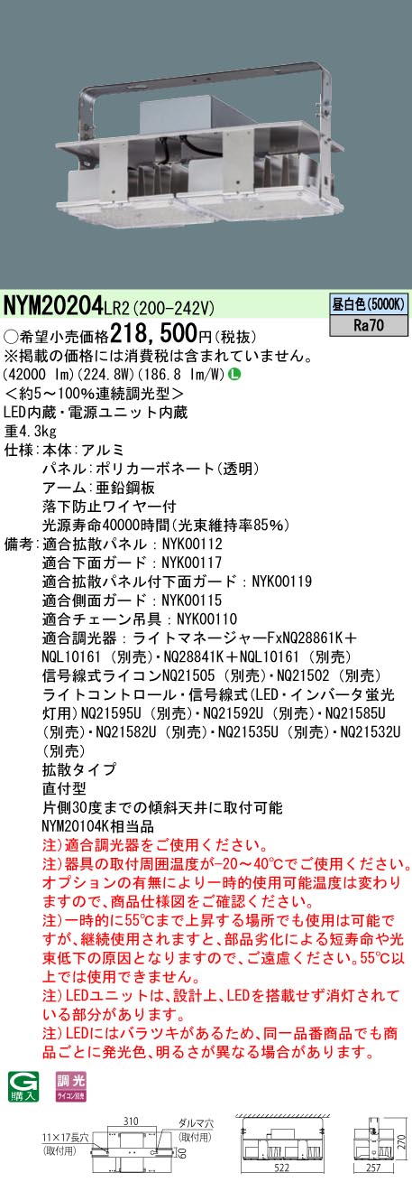 NYM20204LR2 パナソニック LED高天井用照明器具 電源内蔵型 4000形 調