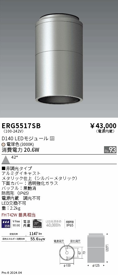 ERG5517SB 遠藤照明 COB屋外シーリングライト D140 電球色3000K 即配