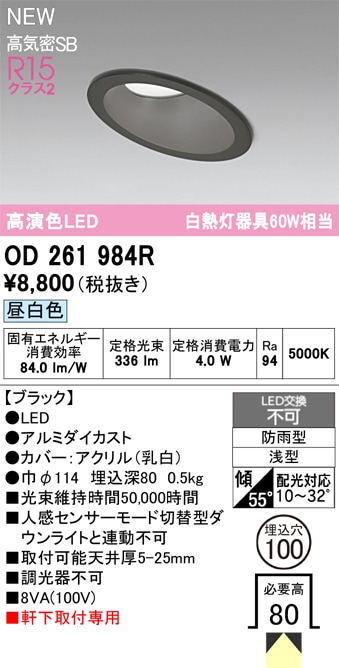 OD261984R オーデリック 軒下用LEDダウンライト 傾斜天井用 φ100 昼
