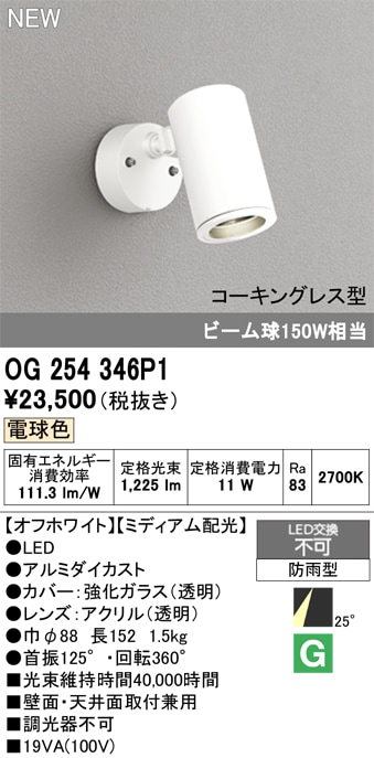 OG254346P1 オーデリック 屋外用LEDスポットライト ミディアム配光