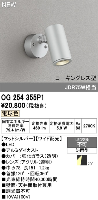 OG254345P1 オーデリック 屋外用LEDスポットライト ワイド配光 電球色