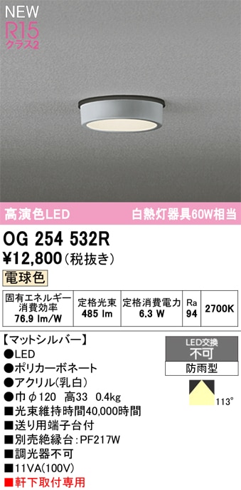 OG254532R オーデリック 軒下用LEDシーリングライト 電球色 即配・速配