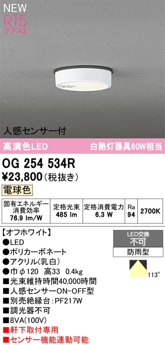 OG254534R オーデリック 人感センサー付 軒下用LEDシーリングライト