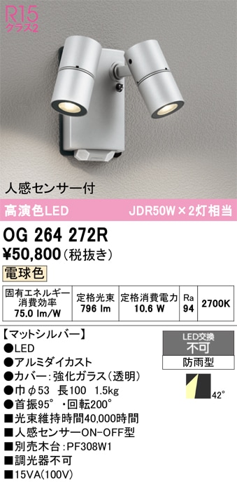 【掘り出しモノ】OG264272R オーデリック 人感センサー付 屋外用LEDスポットライト 電球色【他店舗併売品】
