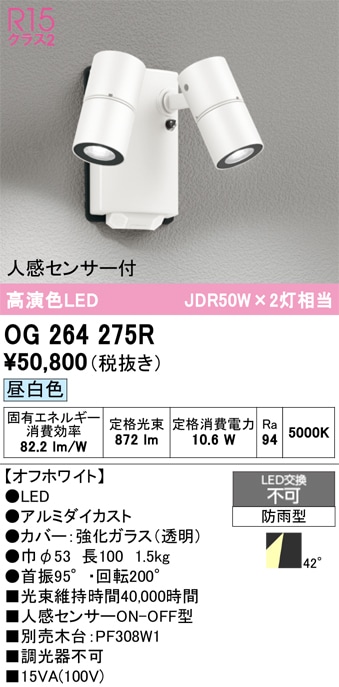 【掘り出しモノ】OG264275R オーデリック 人感センサー付 屋外用LEDスポットライト 昼白色【他店舗併売品】