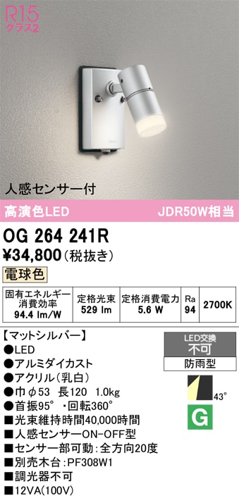 【掘り出しモノ】OG264241R オーデリック 人感センサー付 屋外用LEDスポットライト 電球色【他店舗併売品】