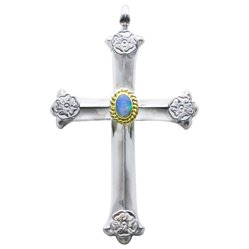 cross pendant opal 5×7 K18 cup S flower metal×4