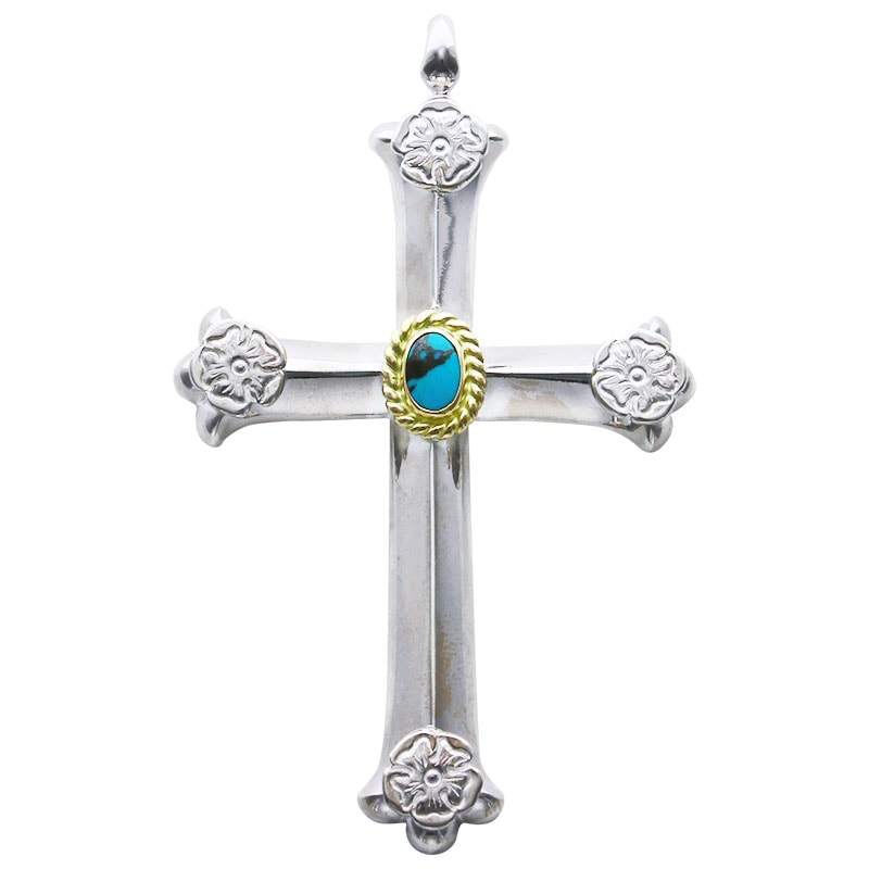 cross pendant turquoise 5×7 K18 cup S flower metal×4