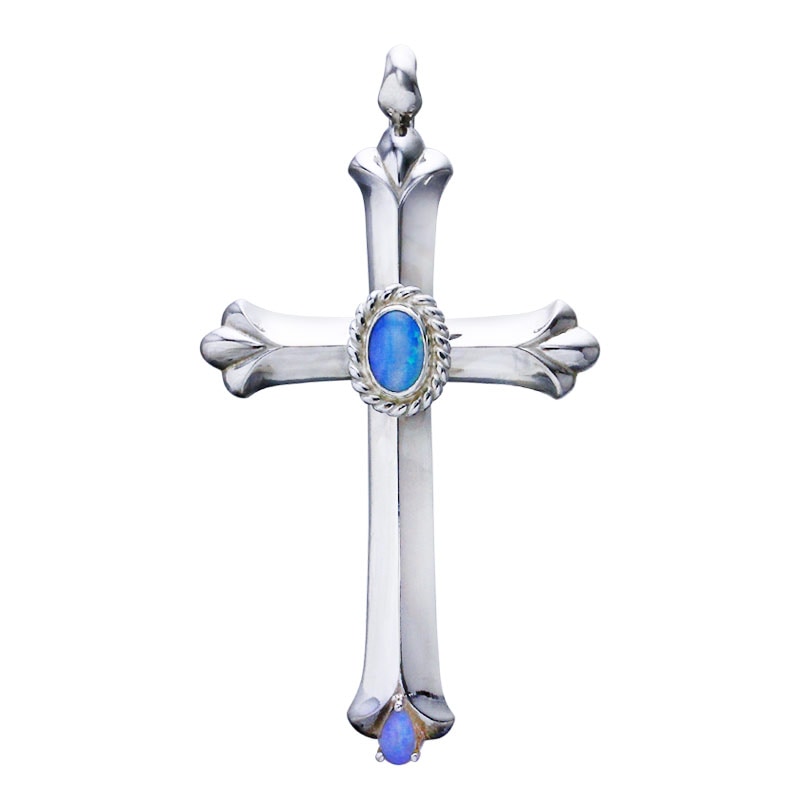 Medium cross pendant opal 5×7 cup pearshape opal 5x3