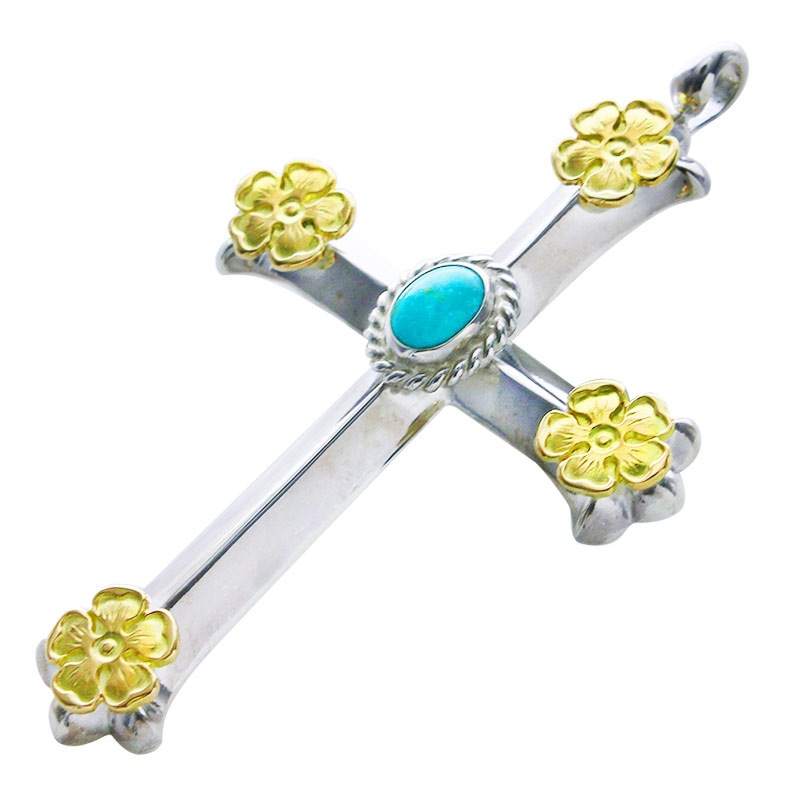 cross pendant M K18 flower metal×4 turquoise 6×8 cup | Pendant
