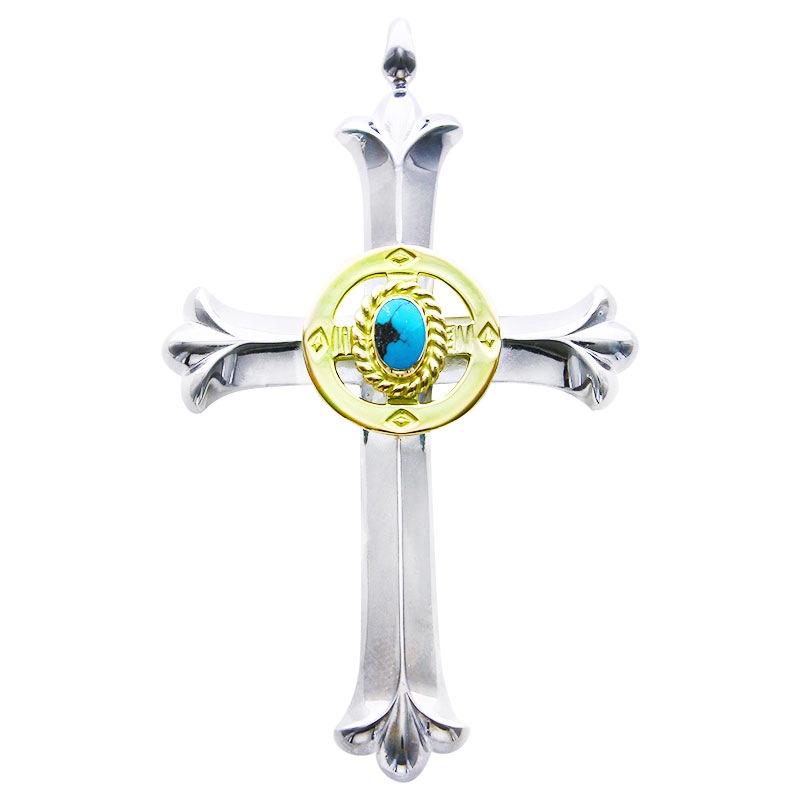 cross pendant plain K18 medicine wheel turquoise 5×7 K18 cup