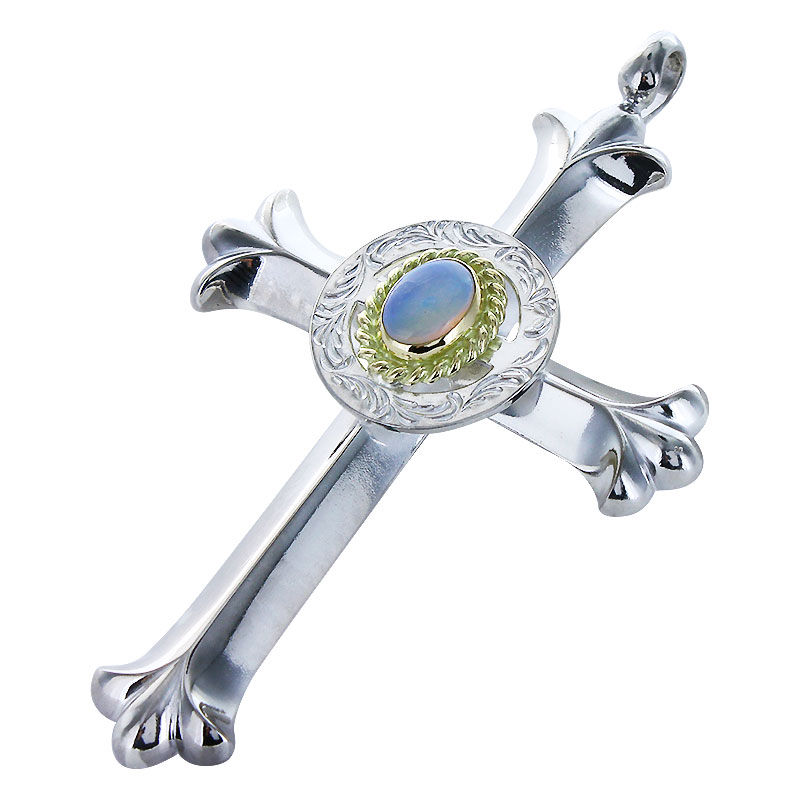 cross pendant arabesque medicine wheel opal 6×8 K18 cup