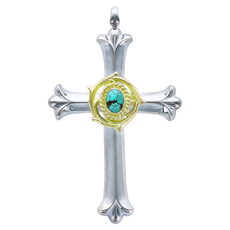 cross pendant K18 solid medicine wheel turquoise 6×8 K18 cup
