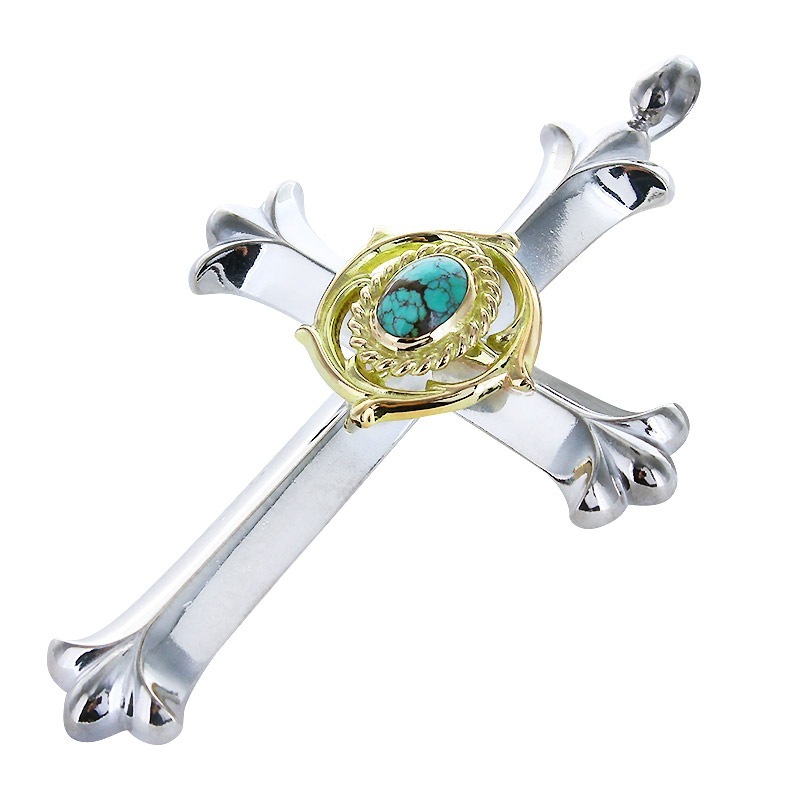 cross pendant K18 solid medicine wheel turquoise 6×8 K18 cup