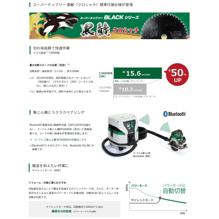 (数量限定 スーパーチップソー黒鯱+1枚プレゼント) HiKOKI(ハイコーキ) マルチボルト(36V) コードレス丸のこ C3605DA(SK)(2XPCSZ) アグレッシブグリーン ※蓄電池・充電器・ケース、スーパーチップソー黒鯱付