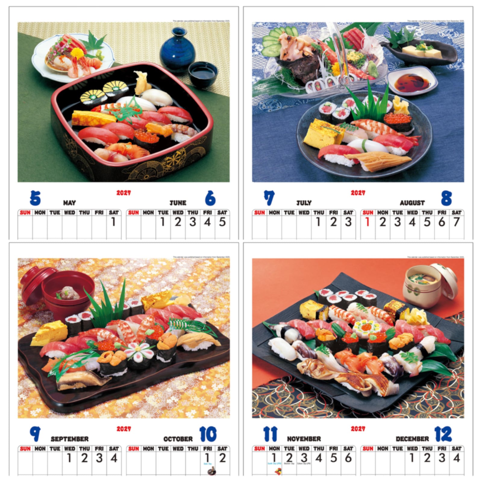 【海外向け】TD-990-A(2027年版)<br>日本の味(寿司)/ Japanese Cuisine Sushi<br>2027 Calendar for USA Use