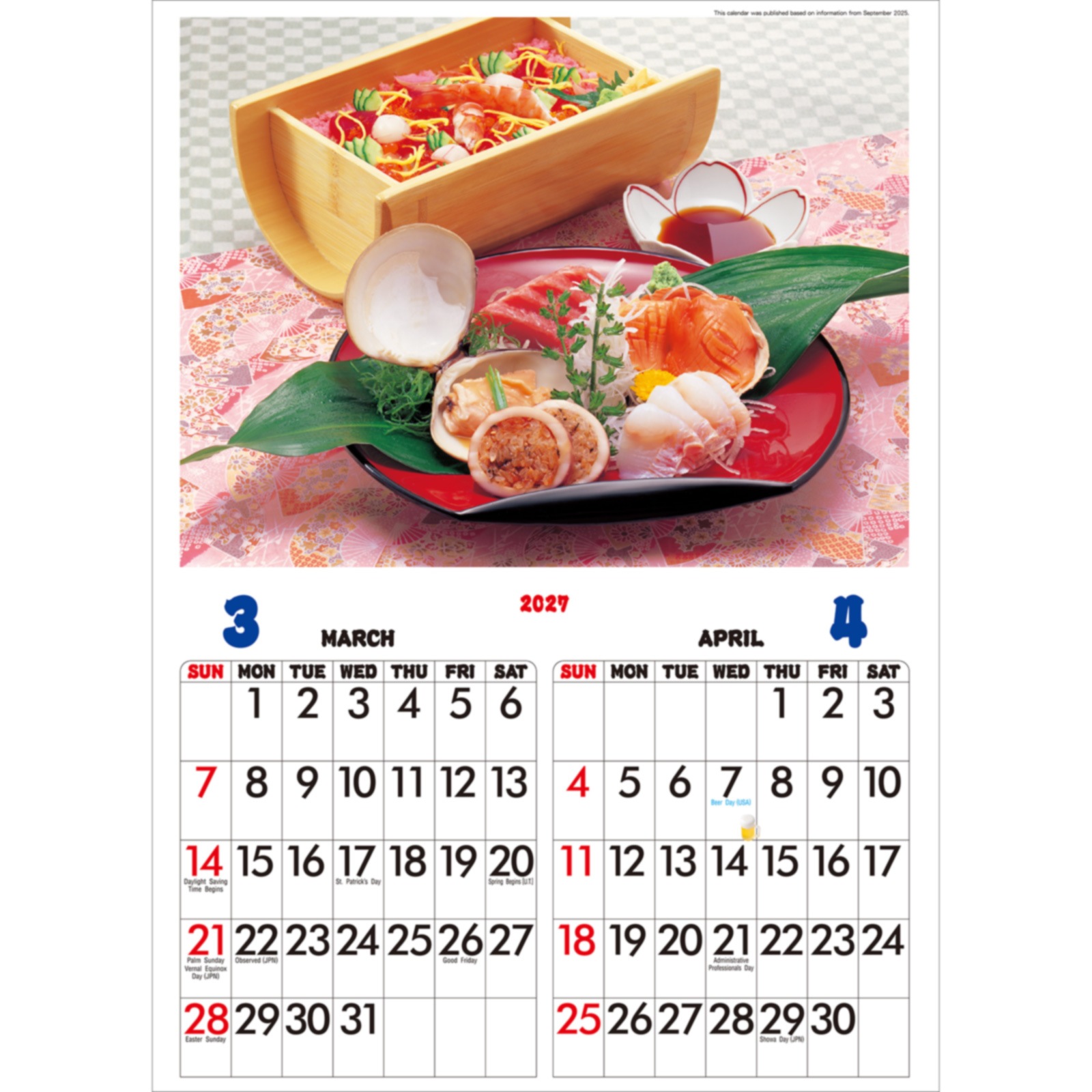 【海外向け】TD-990-A(2027年版)<br>日本の味(寿司)/ Japanese Cuisine Sushi<br>2027 Calendar for USA Use