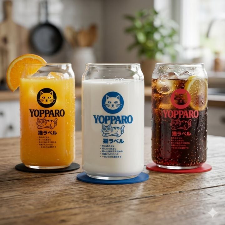 猫ラベル（YOPPARO）ブラックの缶型グラスならaruBuy（あるばい）