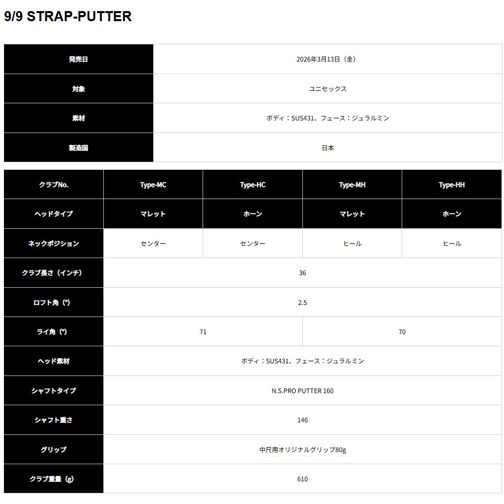 Kasco 9/9 STRAP-PUTTER Type-HC キャスコ ストラップパター タイプHC 36インチ 安定を生むセミ中尺 ネオマレット