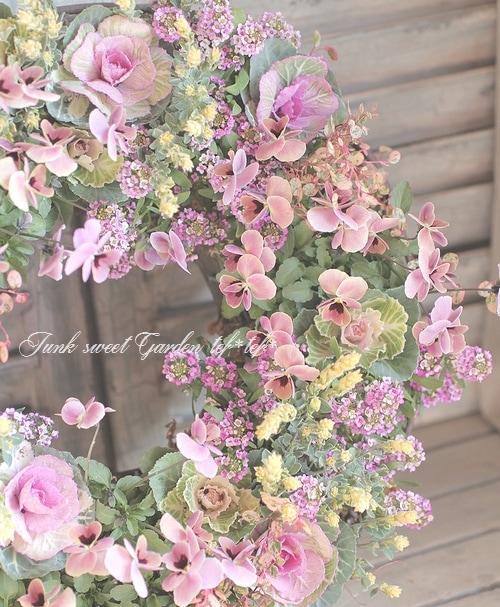 NO.1  プリンセスピンク❤︎*・ 春待ち  フラワーリース゜.*❁ tef*tef*寄せ植えリース<BR><BR>2016 * no.61 *<BR>ピンクパステルの