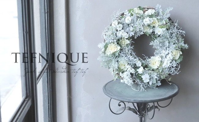 フラワー・リース ka 寄せ植え】 -TEFNIQUE-寄せ植えリース 2021 * no.11 * ホワイトXmasの