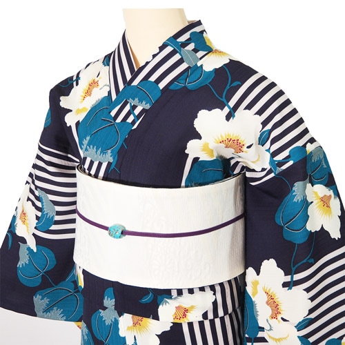 清涼浴衣_縦縞ハイビスカス | 着物,浴衣,女性浴衣 | 「蝶々堂」呉服の丸藤