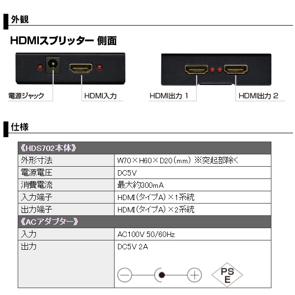 [HDS702] HDMI���ץ�å��� (HDMIʬ�� 1���� 2����)��
