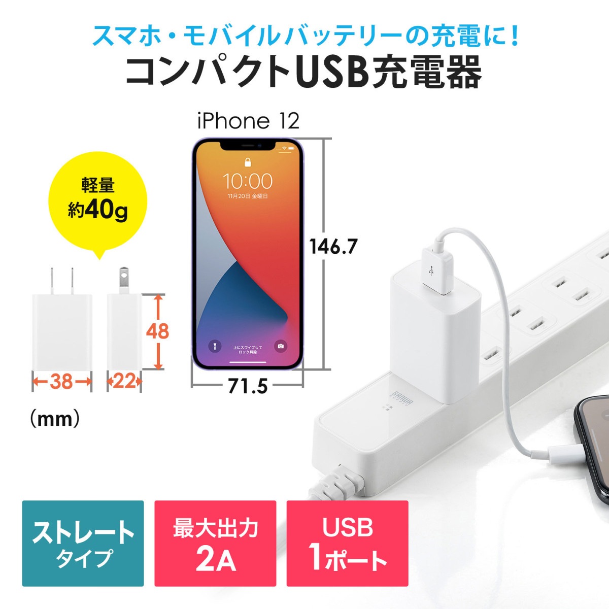 [ACA-IP87W] USB���Ŵ�(2A���ۥ磻��)