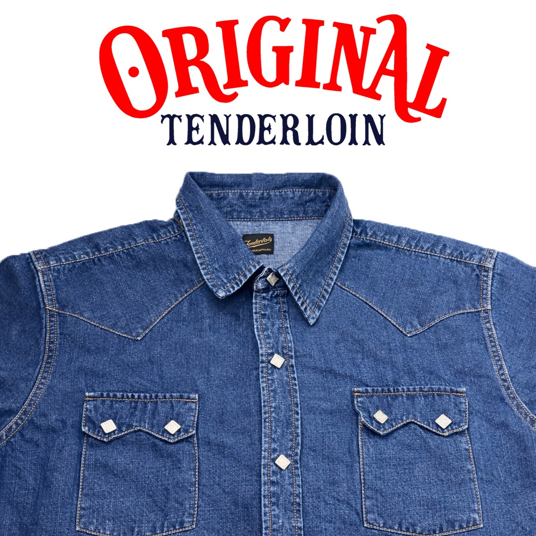 【A548】半袖シャツ TENDERLOIN ブラック×ブルー サイズL TENDERLOIN（テンダーロイン） オールドイングリッシュ ロゴ プリント