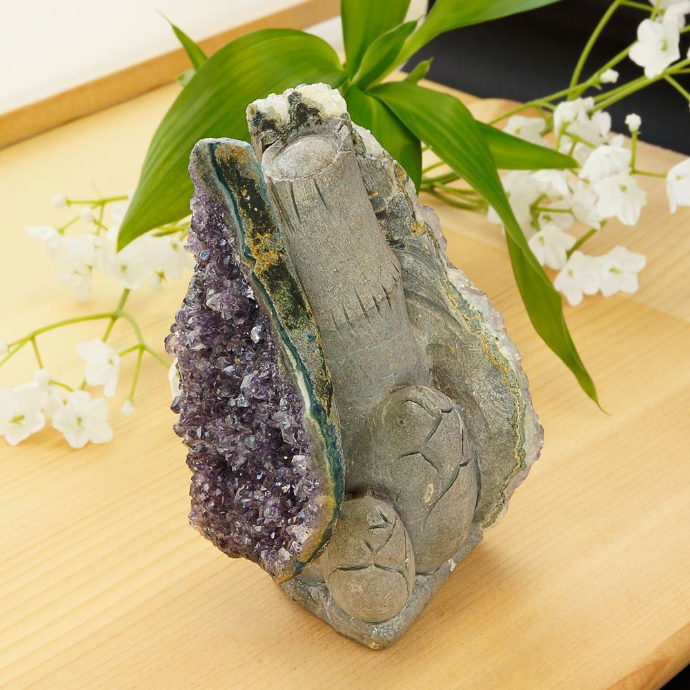 激レア！ アメジストと熔岩石のコラボ 手彫り 彫刻 タケノコ 740g   天然石 インテリア 置物