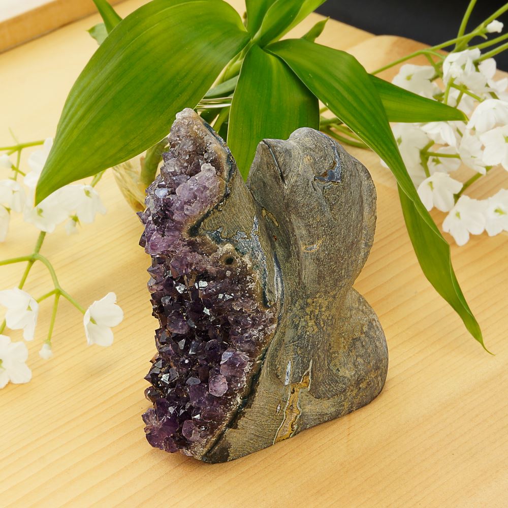 激レア！ アメジストと熔岩石のコラボ 手彫り 彫刻 イルカ 346g   天然石 インテリア 置物
