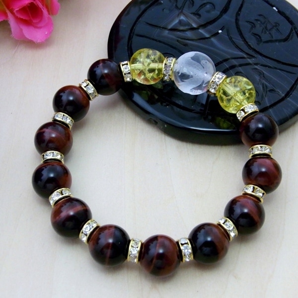 激強運ブレスレット☆手彫り青龍水晶×レッドタイガーアイ×クラック黄水晶