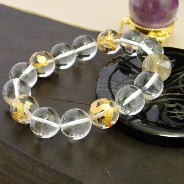 NEW♪★２Aルチルクォーツ×金青龍天然水晶×天然水晶φ14ｍｍブレスレット