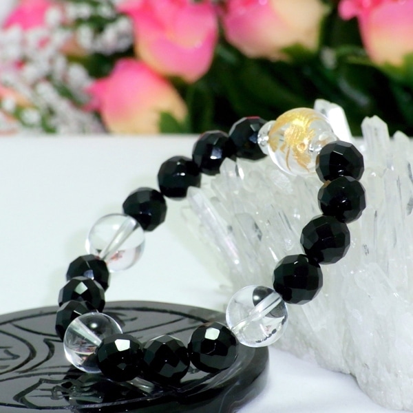 手彫り金龍水晶φ14mm×カット黒オニキスφ10mmブレスレット
