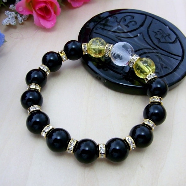 激強運ブレスレット☆手彫り青龍水晶×黒オニキス×クラック黄水晶